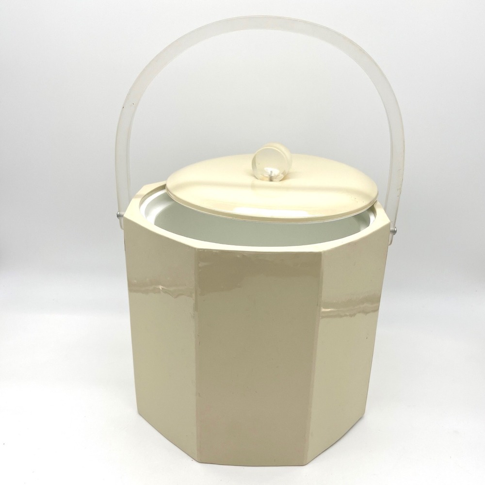 Vintage Georges Briard Ice Bucket Beige Octagon‎ Acrylic Handle Lid Mid Century